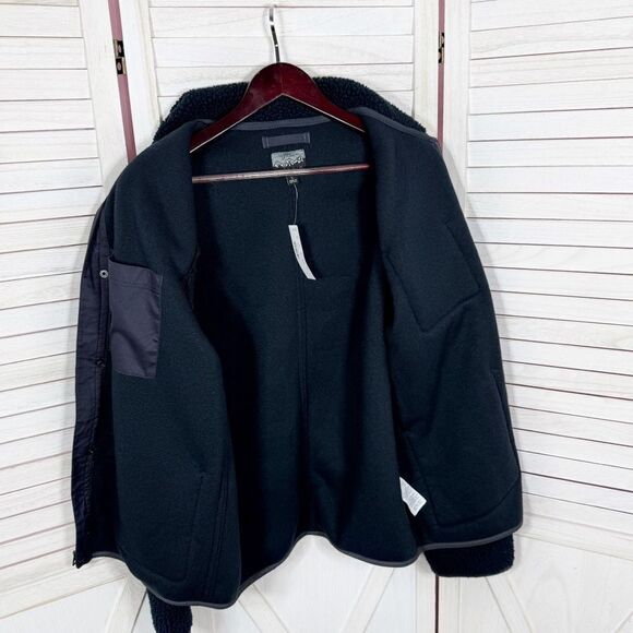 J. Crew Nordic Sherpa Fleece Shawl Collar Jacket Navy Blue Large Zip Snap - Picture 6 of 10